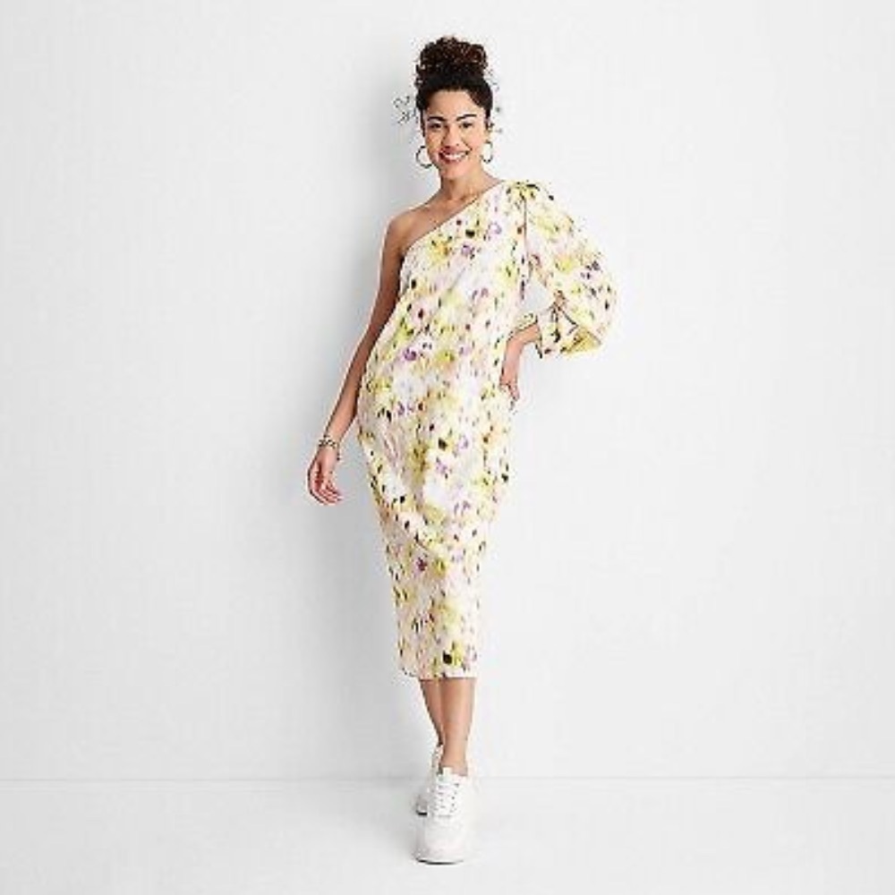 FUTURE COLLECTIVE Linen One Shoulder Floral Midi Dress Size‎ Large